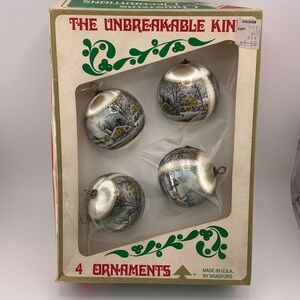 (4) Vintage The Unbreakable Kind Christmas Tree Ornaments with Winter Scene